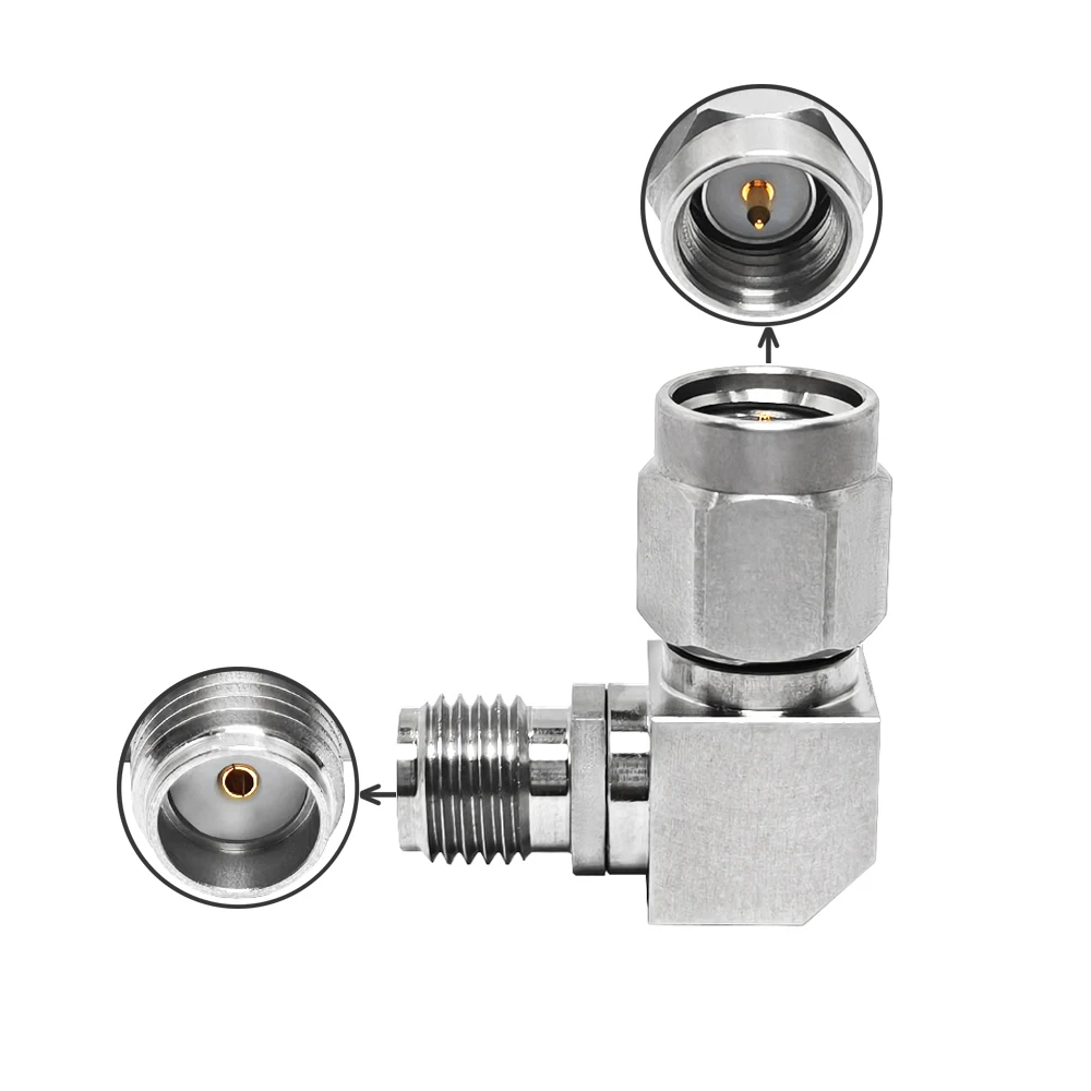 Factory Price Sma Female Jack to Sma Male Plug Macho Right Angle RA 90 Degree Rf Stainless Steel Rf Coax Coaxial Adaptor