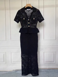 New Arrivals Empire Waist Solid Floor-Length Pencil Silhouette Hollow Short Sleeve Embroidered Spring Autumn Winter