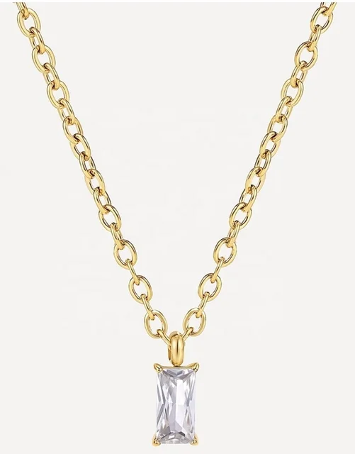 Shining Simple luxury brand jewelry Cz cubic Stone pendant  18K Gold Stainless Steel Necklace Party