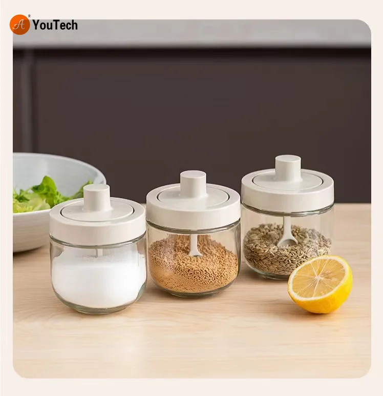 Glass Spice Box Spoon Lid Integrated Spice Jar Combination Seasoning Jar  Kitchen Supplies Salt Shaker Oil