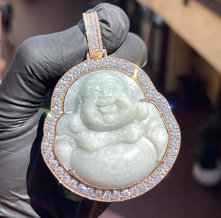 Handmade Custom 18K Gold Jade with Lab Grown Diamond HPHT Bling Pendant Jewelry