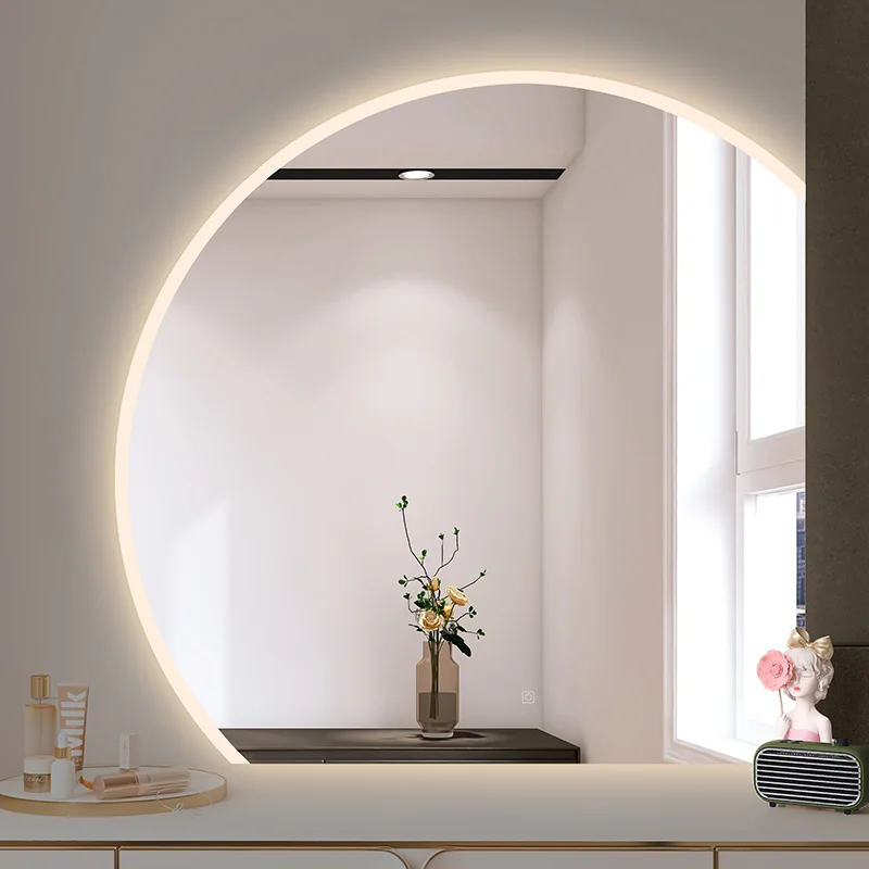 Large Home Decor Wall Irregular Shape Led Mirror Half Moon Big Smart Touch Screen Bathroom Mirror with Back Light