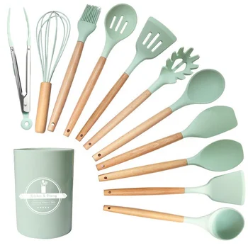 Hot selling Nonstick 12pcs Set Silicone Kitchen Utensils Set Silicone Kitchen Utensils with wooden Handle