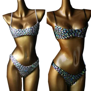 New Stock Brazilian Swimwear 12-Color Triangle Top Ties Diamond Bikini V-SHAPE Waist Crystal One-piece Animal Solid Print Design