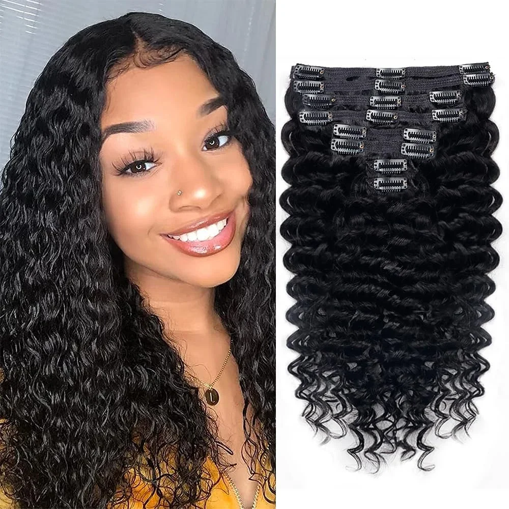 Extension per capelli umani con clip ondulate e ricci, 8 pezzi, 120 g/set, colore naturale_voghion.com