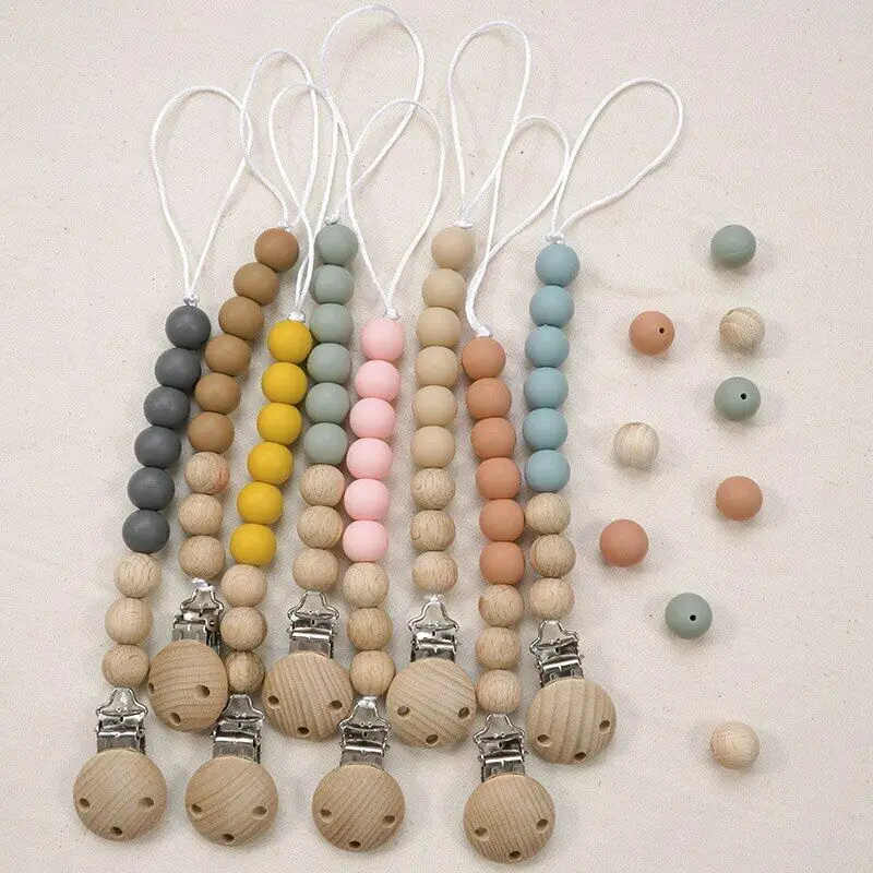 Baby Pacifier Clip Nipple Teether Holder Soother Silicone Wood Dummy Beads Chain 