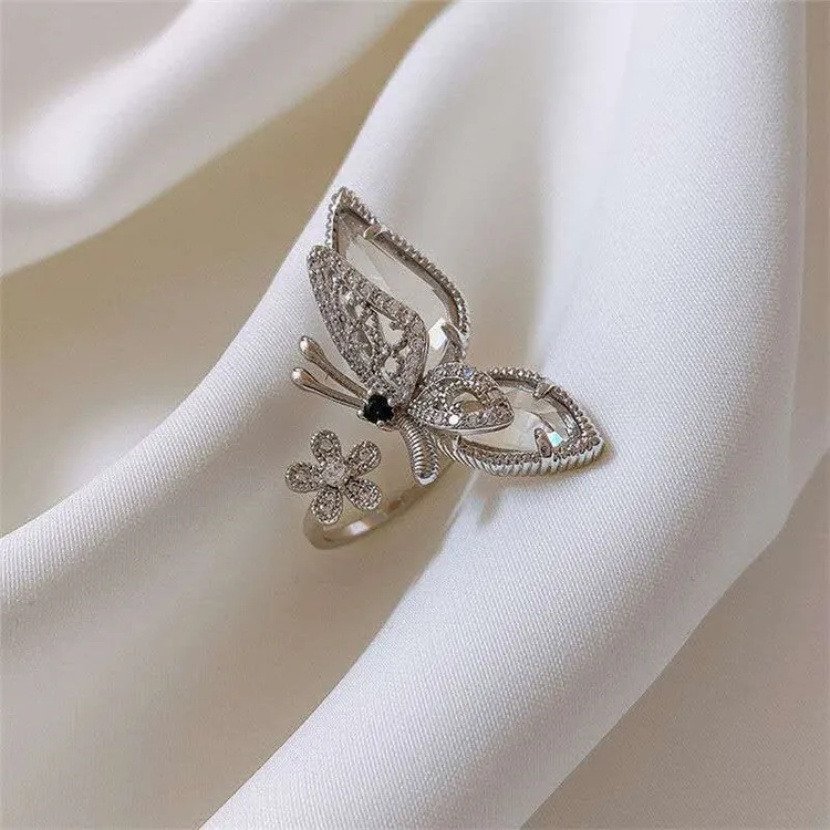 Silver Butterfly Ring - Elegant Zircon Design for Women