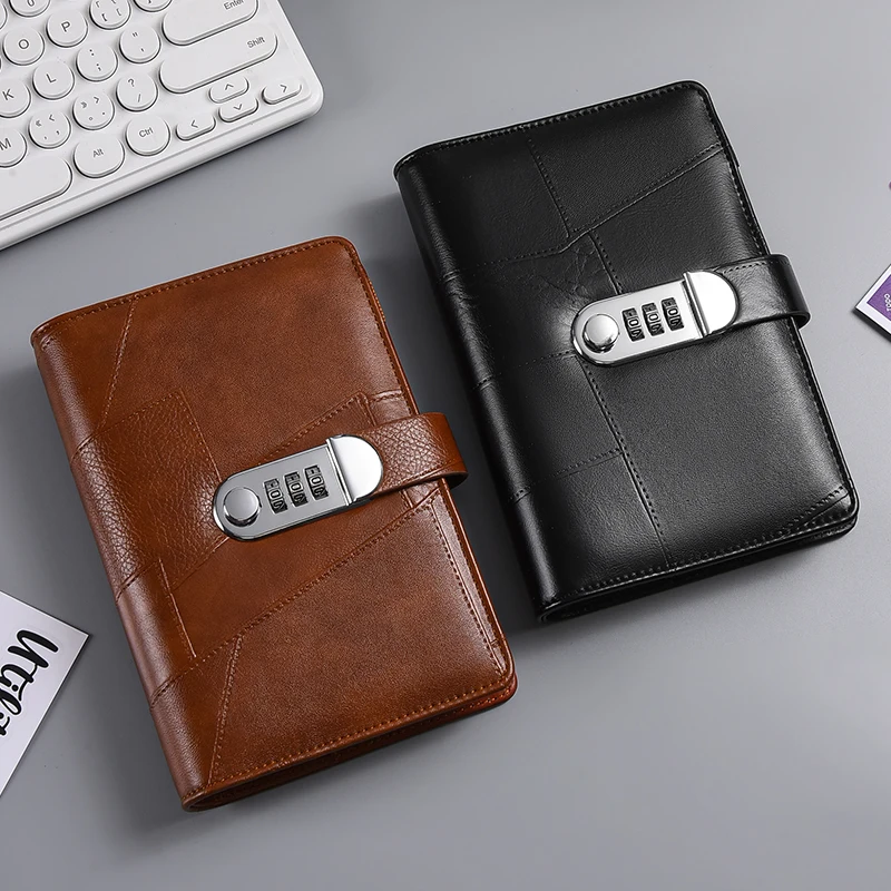 Custom Printing Leather Cover A6 Refillable Binder Budget Notebook Journals Planner Daily Diary with Combination Lock Workbook