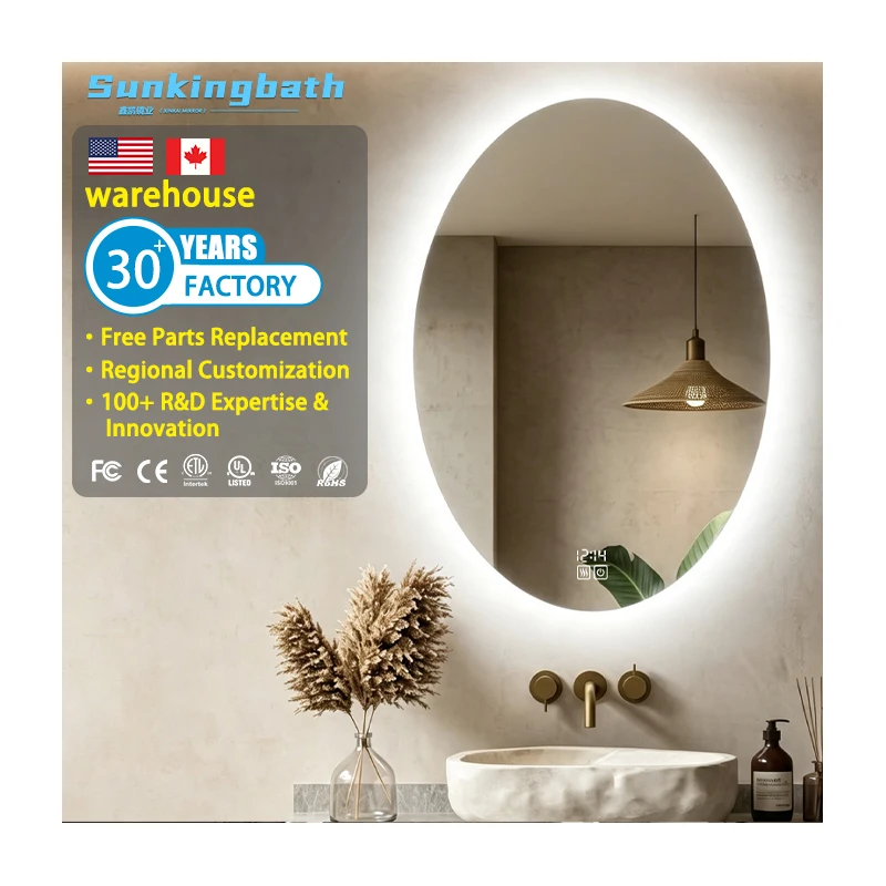 Nordic Modern Design Oval Bath Mirrors Backlit Anti-Fog Barber Salon Bathroom Heated Mirror Touch Led Smart Mirror with Touch