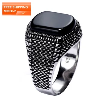 Turkish Jewelry Black Ring Men Light-weight 6g Real 925 Sterling Silver Mens Rings Natural Agate Stone Vintage Cool Fashion