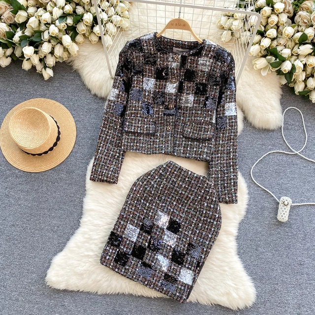 LE2104 Stay In The Ocean To Wear A Light Luxury Suit Sequin Checkered Cardigan Coat With Half Skirt Two-Piece Set