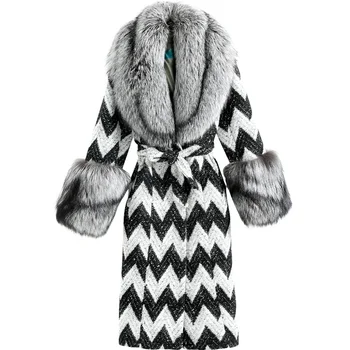 Lady Cashmere Coat Long Style Woolen Houndstooth Real Fox Fur Female Cashmere Fur Coat