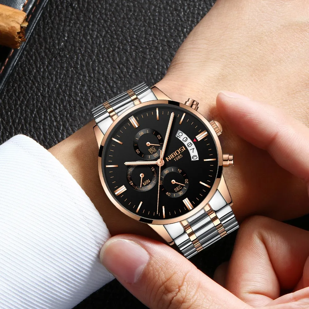 NIBOSI-Reloj de acero inoxidable resistente al agua para hombre, cronógrafo  resistente al agua IPG, color dorado liso, 43mm, 2309