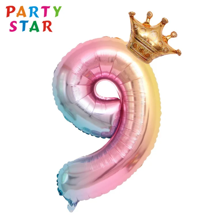 Foil Happy Birthday Party 32 Inch Numbers 0-9 Gradient Crown Birthday Decoration Balloons