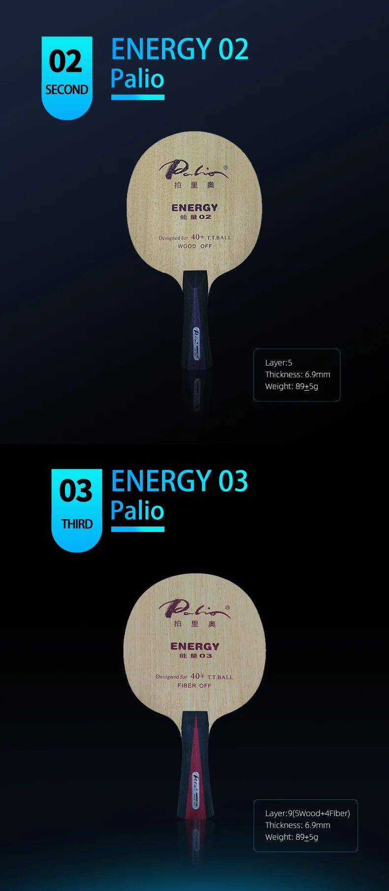 Palio Energy 01/02/03 Ping Pong Bats - Professional Carbon Fiber Blades