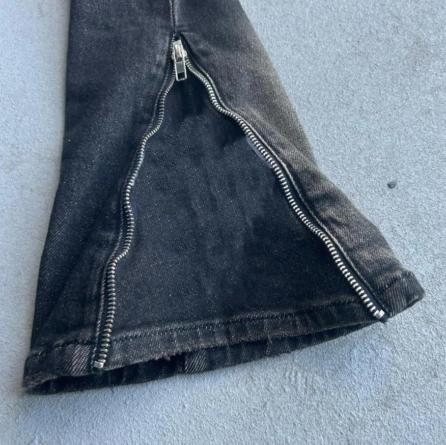 Streetwear Custom Man Vintage Wash Skinny Stacked Zip up Open Bottom Flare Denim Jeans Pants Flared Jeans Men supplier