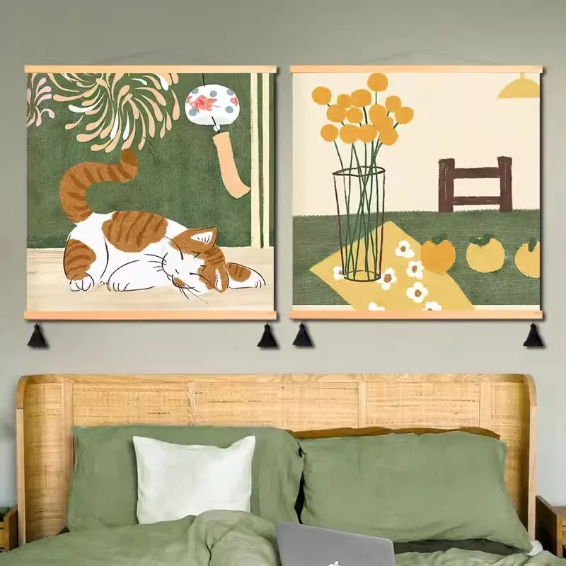 Green Yellow Gallery Wall Art Set Canvas Print Sleeping Cat Floral Vase Nature Landscape Minimalist Whimsical Home Decor