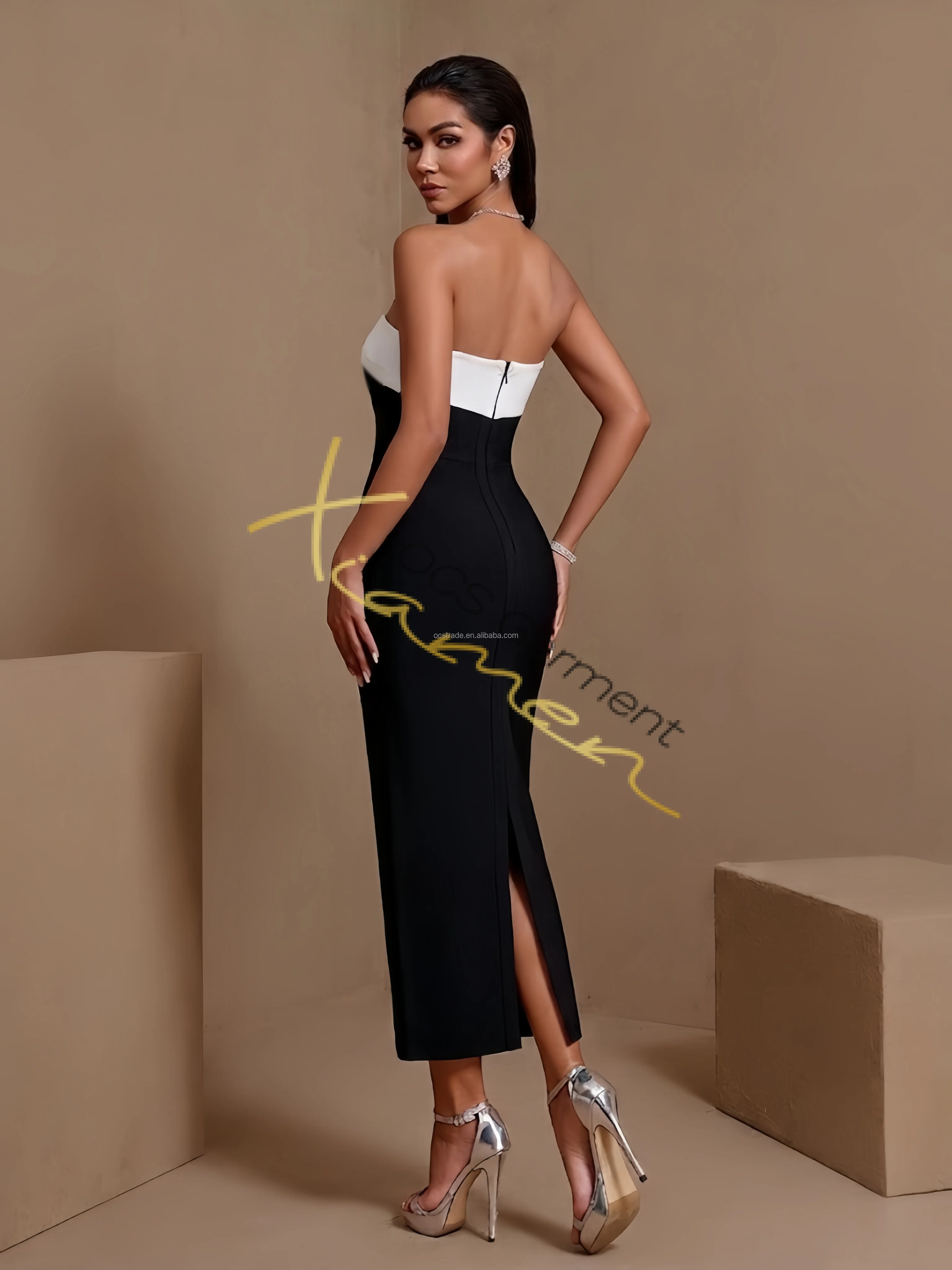 Ocstrade Factory ODM Elegant Black White Strapless Midi Bandage Evening  Dress 3D Flower Midi Formal Gown Wedding Guest Party| Alibaba.com