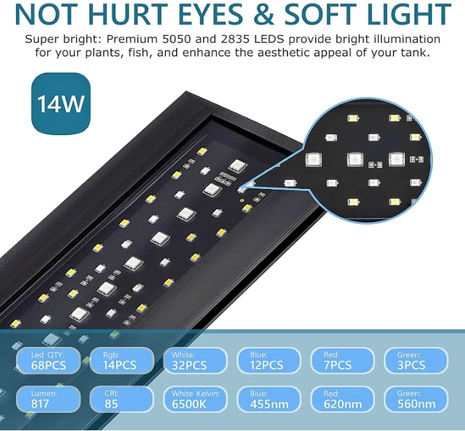 Hygger Clip on Lighting Aquarium LED Light, 14W Sunrise-Daylight-Moonlight  Fish Tank Light with 7 Colors for LIVE Planted Tank