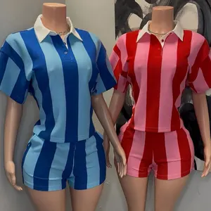 Huili Stripe Short Sleeve Polo Shirt & Shorts Gym Sportswear 2025 Cotton Loungewear Custom logo Two Piece Set Tracksuit Women