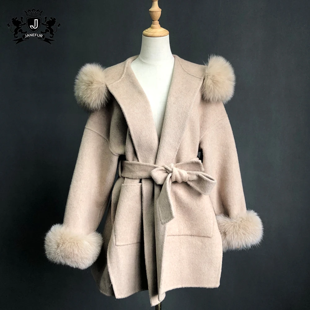 Janefur Ladies Angora Cashmere Coat Jacket with Fox Fur Hood