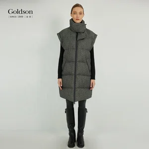 Vintage Sloping Shoulders Non-detachable Scarf White Duck Down Vest with Pockets Zippers Woven Vest