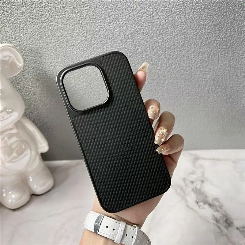 product slim fit carbon fiber texture faux leather pc mobile phone case screen protector military grade shockproof for 17 pro max-4