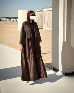 Oem Odm Suadi Modest Elegant Stylish Brown Mesh - Paneled Abaya for Muslim Women