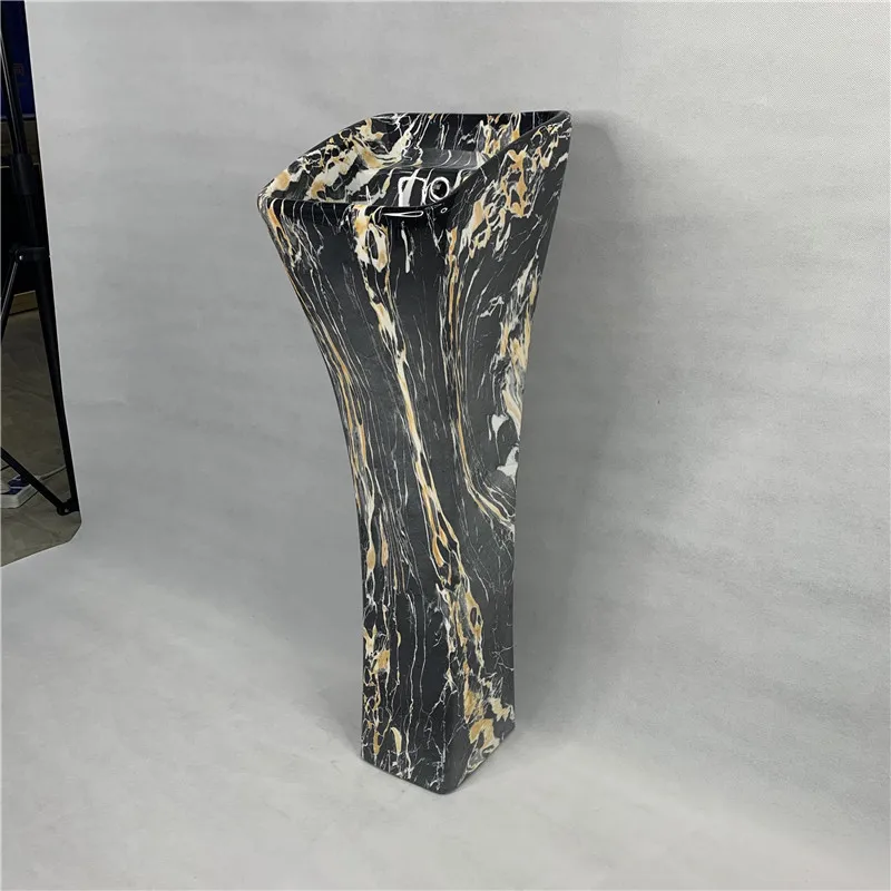 New Decal Black Marble Color Ceramic Small Size Pedestal Basin Bathroom Floor Standing Sink