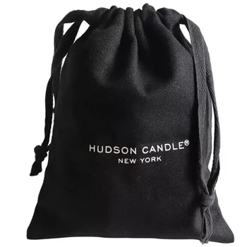 High quality medium black cotton canvas dust bag with white printing logo for cap shoe hats packaging storage drawstring pouch