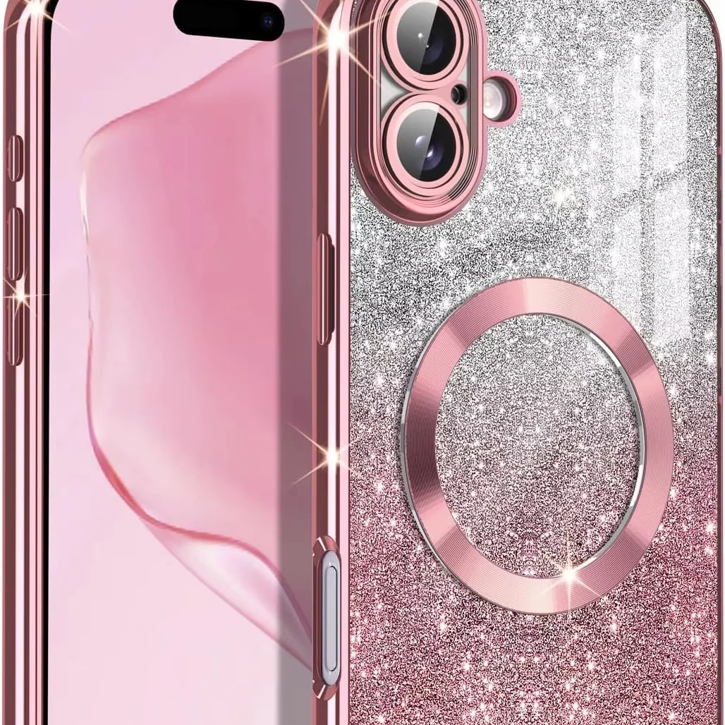 Soft Case for iPhone 16 Pro Max Clear Magnetic Glitter Luxury Plated Soft TPU Bumper Full Camera Lens Protectors