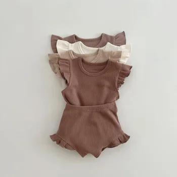 2025 Summer Casual Newborn Baby Clothes for Boys Flying Sleeve Top T-Shirt with Bread Pants Shorts Two Piece Set