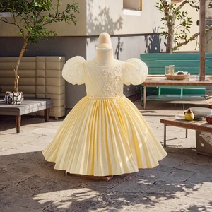 Bulk Stock Satin Puff Sleeve Party Princess 9M-5Y Kids Evening Birthday Celebration Flower Girl Dress Clothes for Kids