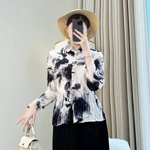 Miyake Women's Summer Top Cardigan Loose Slim Pleated Joker Design Casual Style Solid Pattern Chinese Shirt Woven Logo Front