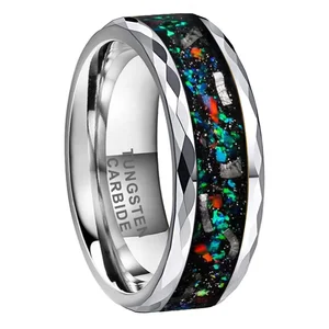 Coolstyle Jewelry 8mm Faceted Edges Mens Fashion Engagement Wedding Band Genuine Meteorite Opal Inlay Tungsten Carbide Rings