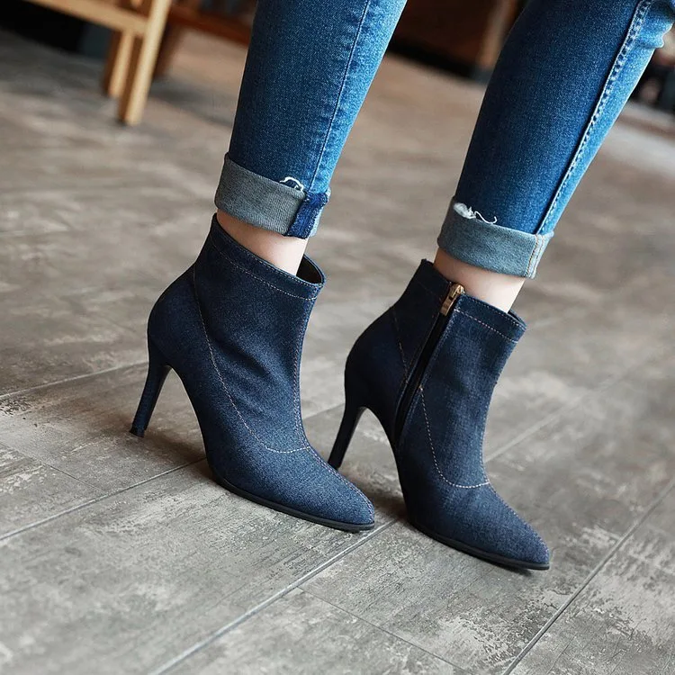 vermers Women Boots Ladies Super High Heel Ankle Hollow Peep Toe Denim Zipper Shoes