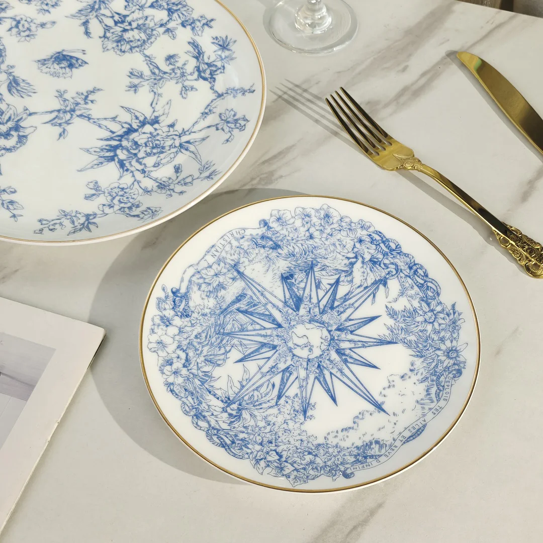 Dining Room Set Porcelain Plates Plates Nordic Luxury Hot Sale Piece  White and Blue Carton Giveaways Country Ceramic Round