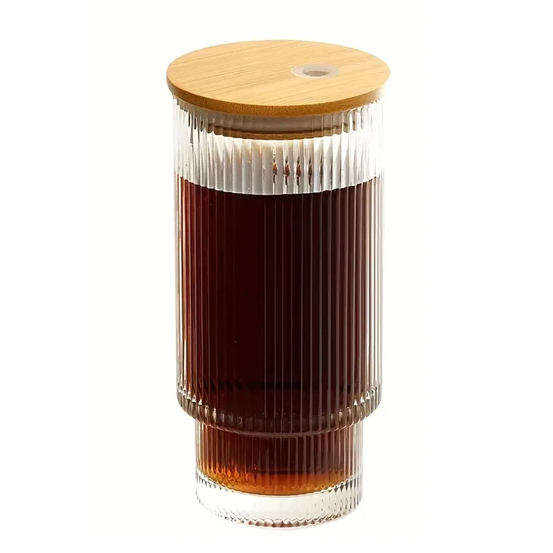 Vertical Stripes Transparent Glass Cup with Bamboo Lid and Straw 350ml Empty Glass Milk Tea Cup Cold Brew Coffee Glass Mug
