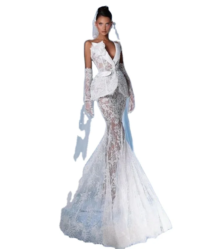 A9025 Custom Women's Vintage Gorgeous Lace Two Piece Jacket and Mermaid Long Dress Two Piece Bridal Wedding Dress Set A9025 Custom Women's Vintage Gorgeous Lace Two Piece Jacket and Mermaid Long Dress Two Piece Bridal Wedding Dress Set