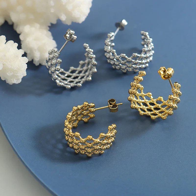 18k Gold Plated Stainless Steel Mesh Shape Stud Earring Tarnish Free