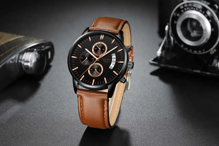 GOLDEN HOUR GH125-L fashion Brown unisex quartz watch vive PU leather band 3 dials calender Concise outdoor watch company