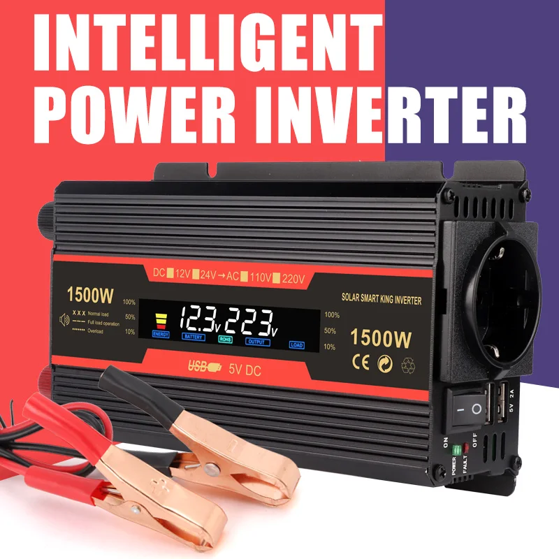 Intelligent power inverter 1500w  DC12V 24V to AC220V Power Supply Inverter with Euro plug power Inverter for home  use
