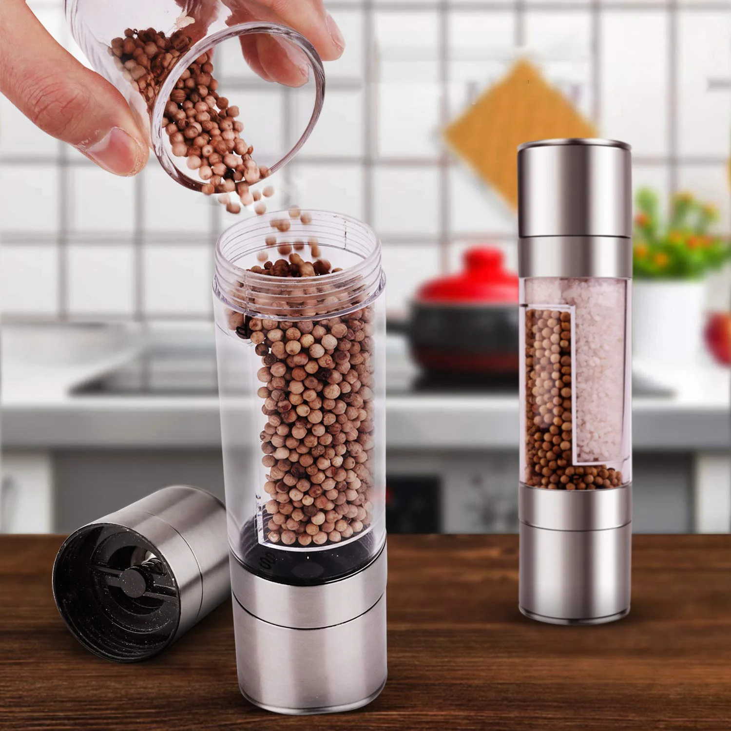 ソルトグラインダー、ペッパーシェーカーミル、塩とペッパーグラインダーセット、2 in 1 ステンレススチール手動デュアルソルトペッパ スパイスグラインダー  ペッパーグラインダー - 手動ペッパーグラインダー ステンレススチール ソルトアンドペッパーミルシェーカー 厚 ... ペッパーミル ペッパーグラインダー ソルトミル ステンレススチール ソルトペッパーグラインダー 2イン1 多機能スパイスボトル 調節