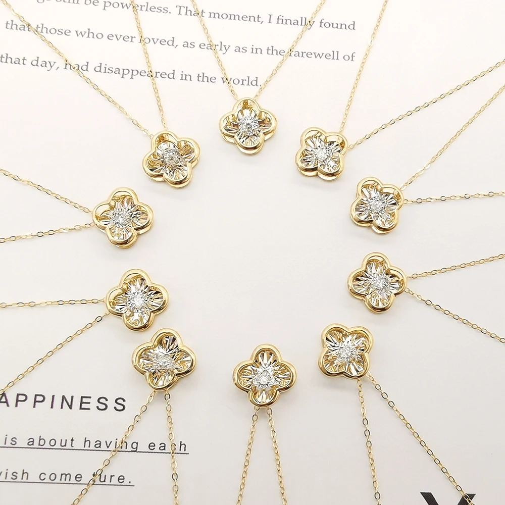 Newest Design 18K Genuine Gold Clover Necklace 18K Dancing Diamond Real Gold Necklace Wholesale Drop Shipping