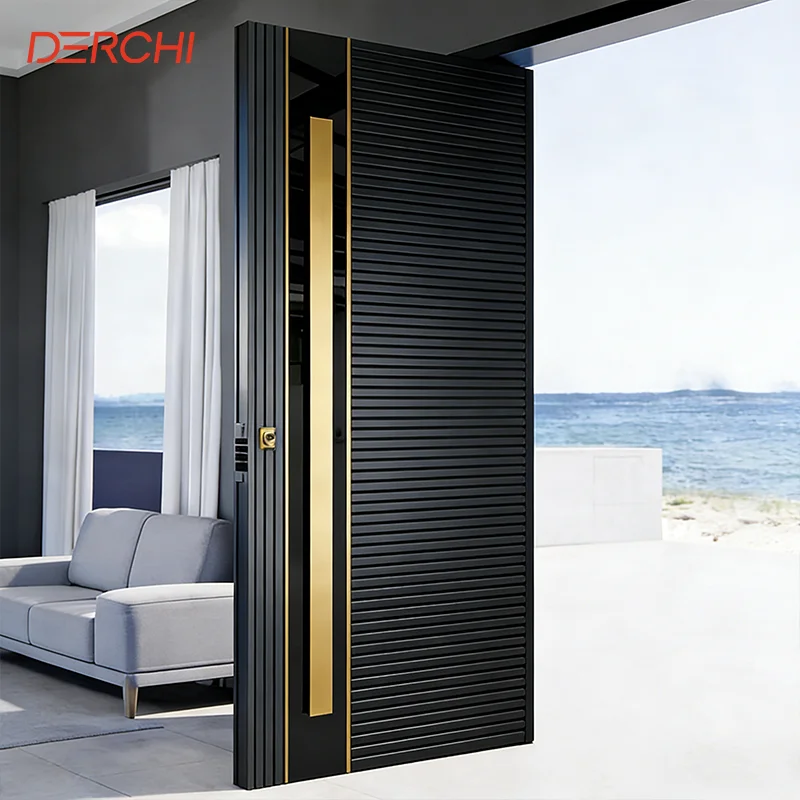 DERCHI Exterior Pivot Door Face Recognition Luxury Security Aluminum Entrance Door Modern Bullet Proof Home Front Entry Door