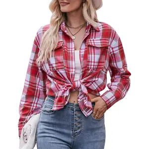 2026 Women's New Fashion Casual Knitted Shirt Autumn Oversize Plaid Color with Button Decoration Long Sleeve Loose Top