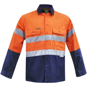 100% Cotton 150gsm Twill Hi Vis Work Shirt Long Sleeve Safety Work Clothing With Reflective Tape 2 Tones Work Wear Shirt