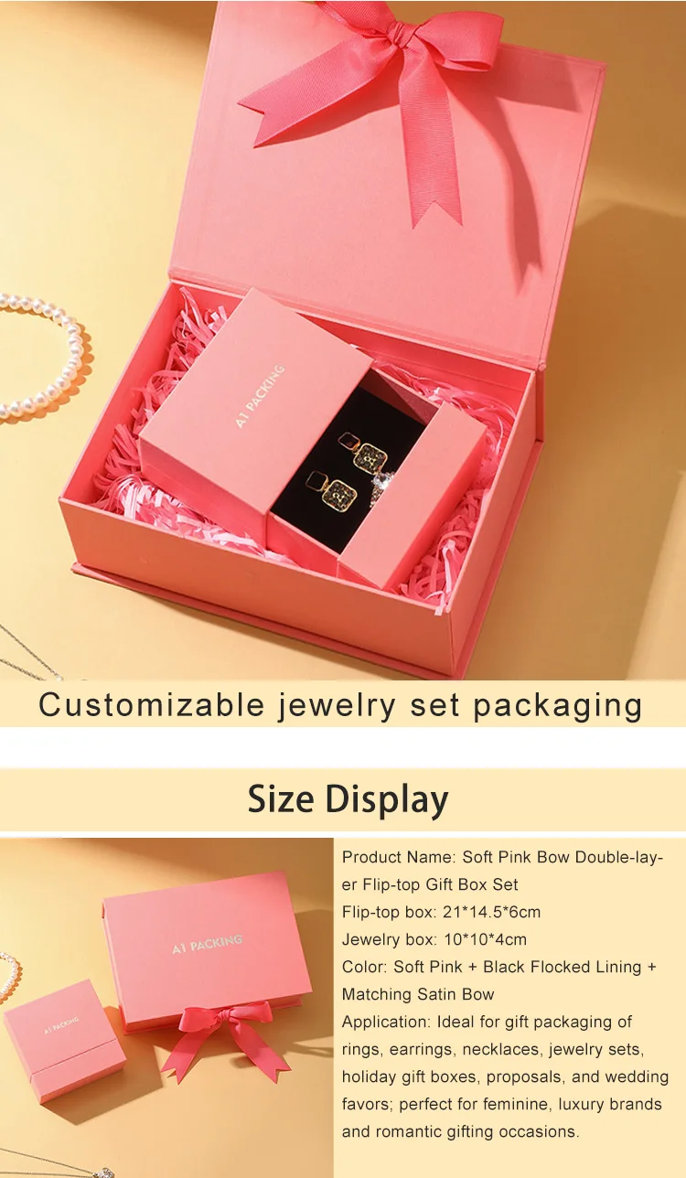 High-End Custom Logo Pink Magnetic Square Flip-Top Jewelry Gift Box Double-Layered Drawers for Rings Necklaces factory