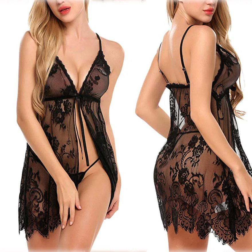 European American New Style Sexy Lingerie Eyelash Strap Women's Nightdress Set Light Breathable