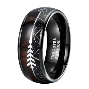 Coolstyle Jewelry 6mm 8mm Black Tungsten Ring Men Women Fashion Wedding Band Meteorite Koa Wood Arrow Inlay Polished Comfort Fit